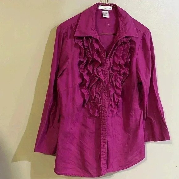 [M]Lucy Laurel Pink Red  Linen 3/4 Sleeve Button Down Shirt - Picture 1 of 9